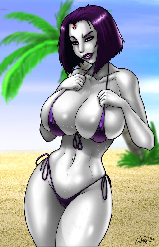 1girl 2010 beach big_breasts bikini breasts busty cleavage clothed clothes clothing curvaceous curves curvy dc_comics female female_only forehead_jewel huge_breasts large_breasts lipstick makeup medium_hair navel non-nude outside pale_skin palm_tree purple_eyes purple_hair purple_lipstick raven_(dc) revealing_clothes seductive signature skimpy solo standing superheroine swimsuit teen_titans thong thong_bikini voluptuous wilko