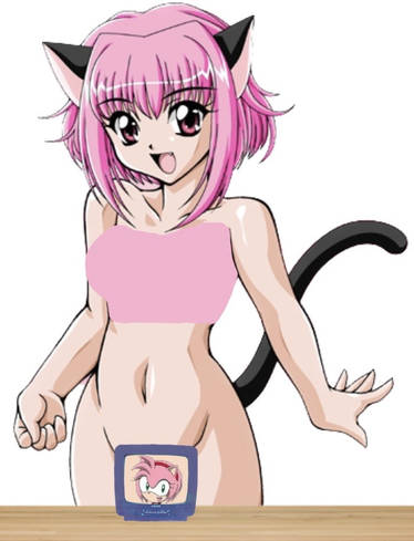 1girl amy_rose belly_button cat_ears covered_breasts ichigo_momomiya legs mini_tv nude open_eyes pink_hair table tokyo_mew_mew