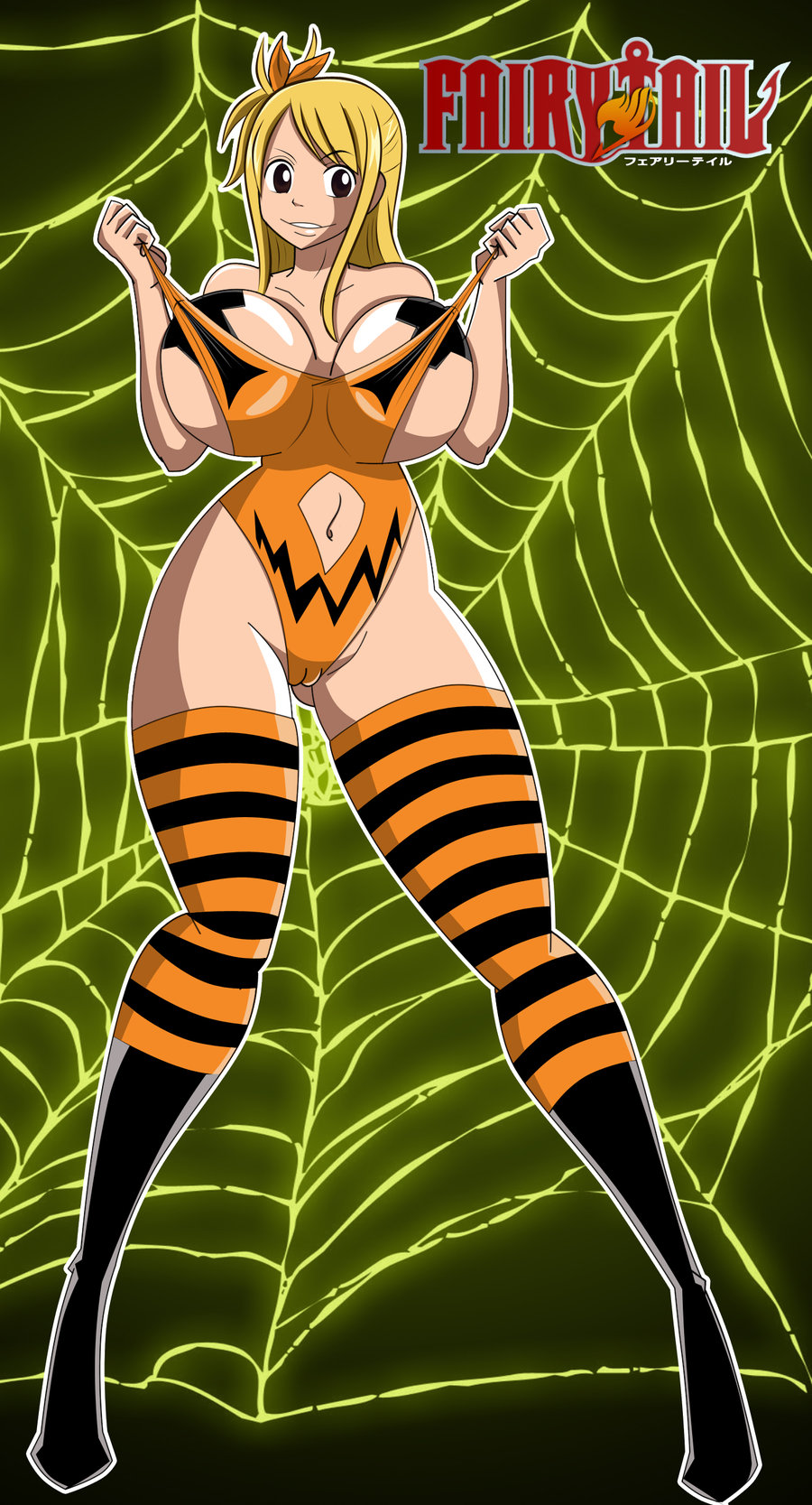 1girl arms ass bangs bare_shoulders belly big_breasts blonde blonde_hair bodypaint boots breasts brown_eyes chest cleavage cobweb covering_breasts elbows eyebrows fairy_tail female female_only fingers forehead full_body grimphantom grin hair hair_tie halloween halloween_costume hands huge_breasts knees legs long_hair looking_at_viewer lucy_heartfilia navel neck nipples outlined_character pussy solo striped_legwear teeth thighs throat
