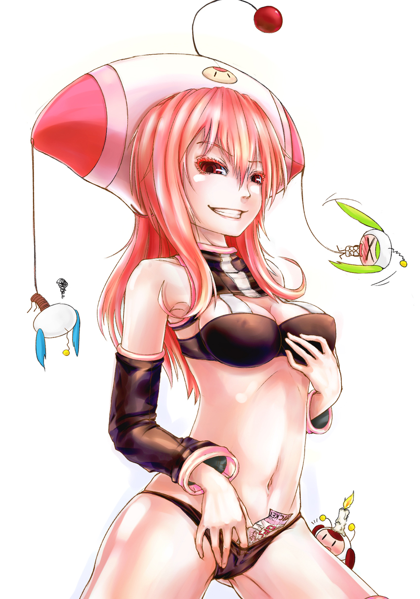 1girl ant_(fenixant) bad_id black_rock_shooter bra breasts colored_eyelashes detached_sleeves great_puchitto_seijin grin hand_in_panties hand_on_own_chest hand_to_chest hat highres lingerie long_hair navel panties pink_hair puchitto_rock_shooter red_eyes smile solo underwear
