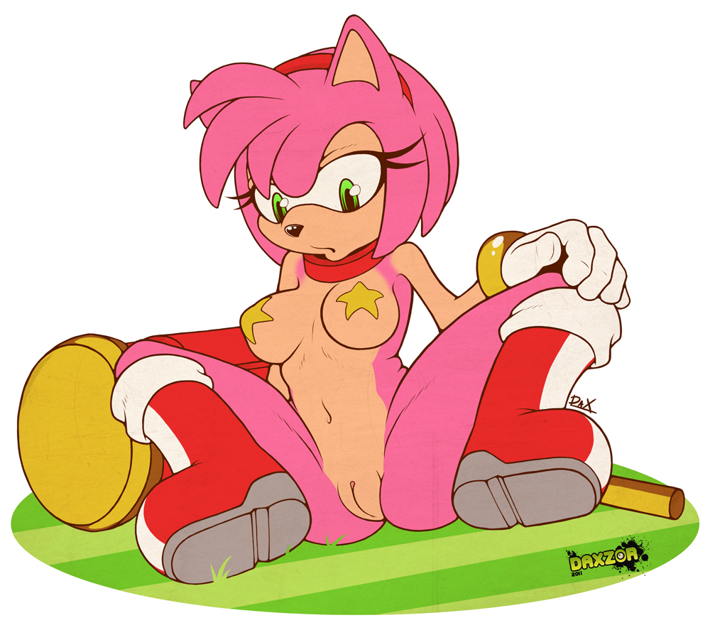 2011 amy_rose anthro belly boots bracelet breasts daxzor daxzor_(artist) female furry gloves green_eyes hair hairband hammer hedgehog jewelry midriff navel nude pink_hair pose pussy sega shiny short_hair solo sonic_(series) spread_legs spreading star