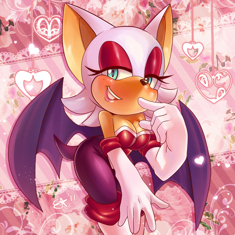 animal_ears bat blue_eyes blush boots breasts cleavage eyeshadow female furry gloves half-closed_eyes makeup mikuhoshi rouge_the_bat sega smile solo sonic_the_hedgehog tail white wings