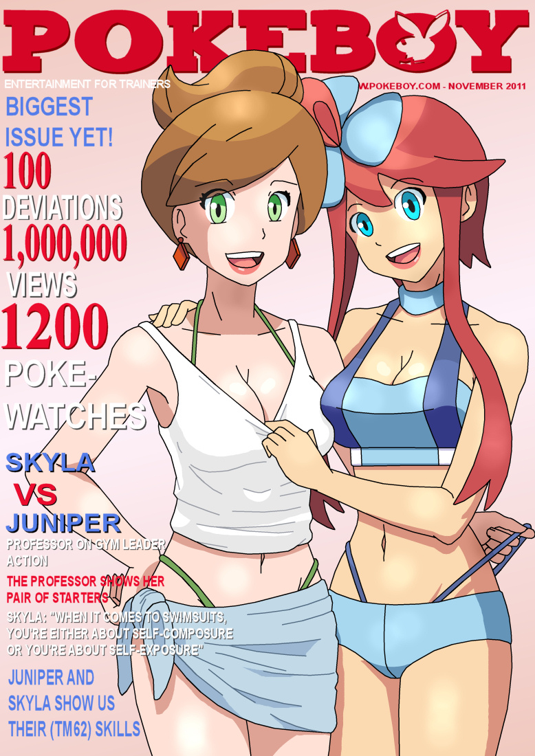 2_girls 2girls :d adapted_costume age_difference araragi_(pokemon) arm arms art artist_request babe bare_arms bare_legs bare_shoulders between_breasts big_breasts bikini bikini_pull blue_eyes breasts brown_hair character_name cleavage clothes_pull collarbone earrings english female_only fuuro_(pokemon) green_eyes gym_leader hair hair_ornament hair_up hand_on_hip happy head_tilt hugging humans_of_pokemon jewelry legs lips lipstick magazine_cover midriff multiple_girls mutual_yuri navel neck nintendo open_mouth playboy_logo playboy_parody pokemon pokemon_(anime) pokemon_(game) pokemon_black_and_white pokemon_bw professor_juniper pulling red_hair red_lipstick redhead round_teeth sarong short_hair short_hair_with_long_locks side_ponytail skyla_(pokemon) smile standing swimsuit tank_top teeth white_tank_top yuri