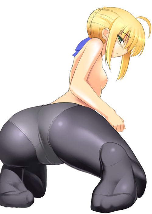 1girl ahoge ass bent_over big_ass black_legwear blonde blonde_hair breasts close_up fate/stay_night fate_(series) feet female flat_chest from_behind green_eyes hentai kneel kneeling looking_back namonashi panties panties_under_pantyhose pantyhose ribbon saber shiny shiny_clothes simple_background small_breasts soles spread_ass spread_legs topless underwear virgin white_background young