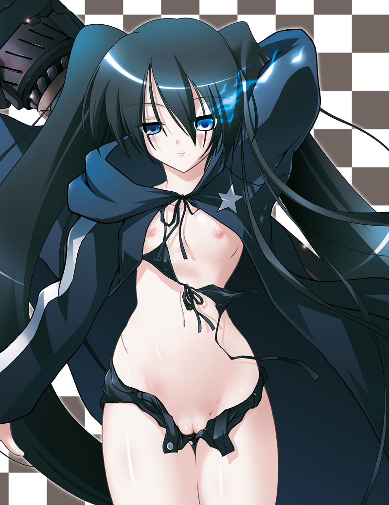 1girl bikini_top black_hair black_rock_shooter black_rock_shooter_(character) blue_eyes breasts c.r. checkered checkered_background cloak flat_chest front-tie_top glowing glowing_eyes hot_pants long_hair nipples no_panties open_fly pussy short_shorts shorts smile solo star twin_tails twintails uncensored unzipped very_long_hair wardrobe_malfunction