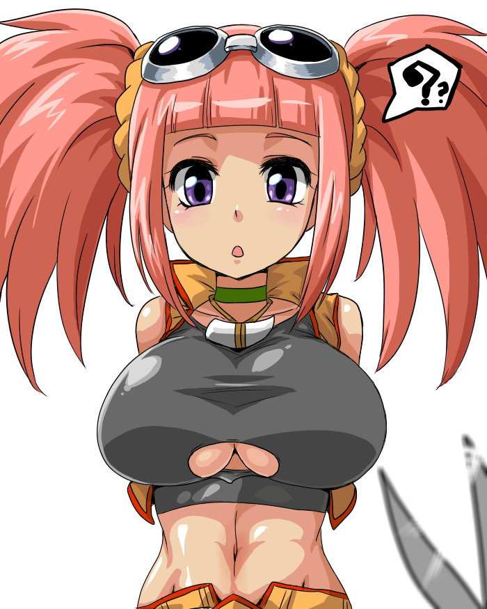 :o ? arms_behind_back big_breasts blush breasts choker cleavage_cutout climax_entertainment dinosaur_king getter goggles jacket jewelry kitsune-tsuki_(getter) large_breasts midriff navel necklace open_mouth pink_hair purple_eyes scissors sega shirt tatsuno_malm taut_clothes taut_shirt twin_tails twintails zoe_drake