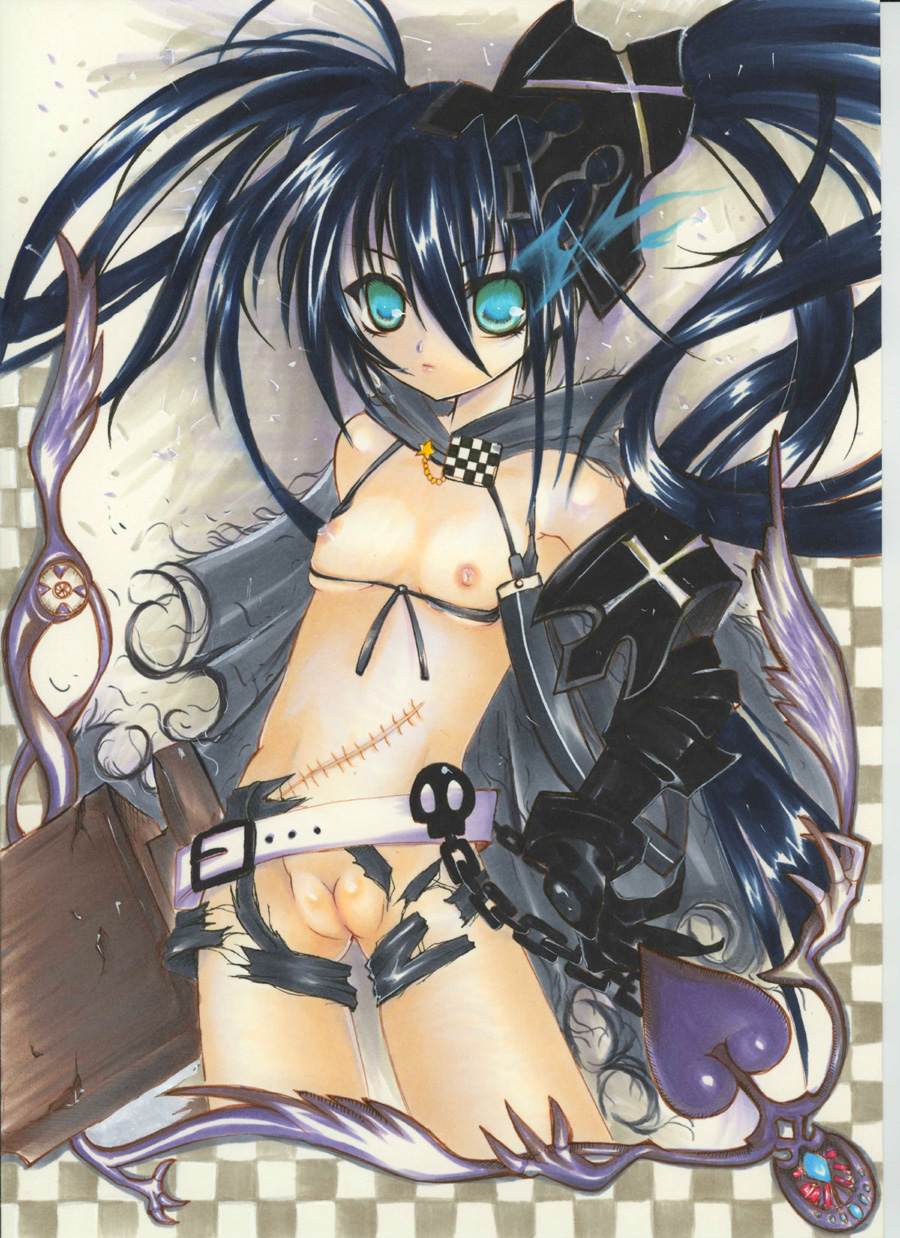 1girl bad_vulva belt beltskirt black_hair black_rock_shooter black_rock_shooter_(character) blue_hair breasts chain chains checkered checkered_background fat_mons green_eyes heart highres insane_black_rock_shooter long_hair mezashi_gohan nipples nude pussy scar solo torn_clothes twin_tails twintails