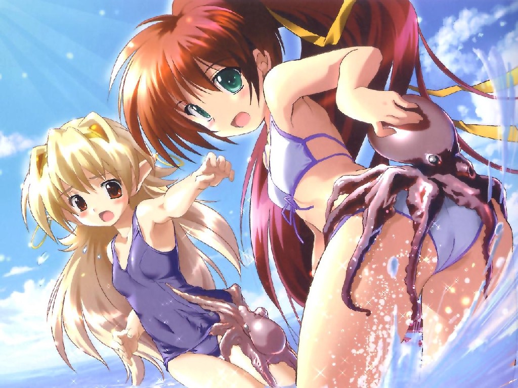 2girls 4:3_aspect_ratio :o animal_ears aoi_sora_no_neosphere aoi_umi_no_tristia aqua_eyes armpits ass ass_grab bangs bikini blonde_hair blue_swimsuit blush breasts clothing cloud covered_navel cowboy_shot day dutch_angle earrings elincie_yerthrop extreme_content female front-tie_bikini front-tie_top gradient_hair groping hair_ornament hair_ribbon high_ponytail hoop_earrings in_profile jewelry jpeg_artifacts komatsu_e-ji leaning_forward long_ears long_hair long_pointed_ears looking_at_viewer looking_back looking_down multicolored_hair multiple_girls nanoca_flanka ocean octopus one-piece_swimsuit outdoors outstretched_arm partially_submerged pointed_ears ponytail potential_duplicate raised_eyebrows red_eyes red_hair ribbon shiny shiny_hair sky small_breasts sparkle splashing string_bikini sukumizu surprised swimsuit tank_suit tentacles thigh_gap thigh_grab tied_hair very_long_hair wading wallpaper water white_bikini white_swimsuit