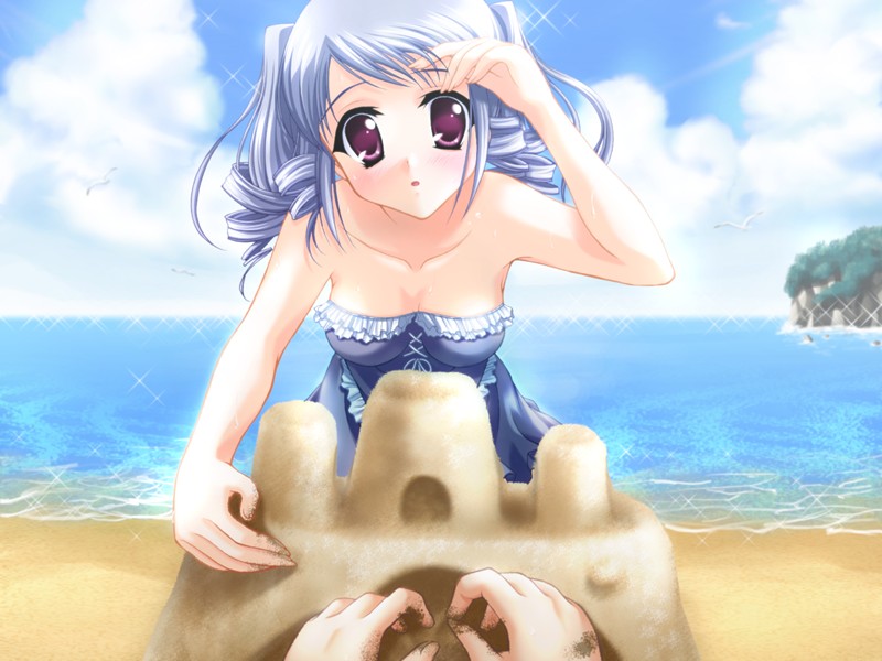 1girl 2005 4:3_aspect_ratio :o bare_shoulders beach blue_hair casual_one-piece_swimsuit cg_art clothing da_capo da_capo_i day female frilled_swimsuit frills game_cg light_rays low_resolution nanao_naru ocean one-piece_swimsuit outdoors purple_eyes sand_castle sand_sculpture solo sparkle sunbeam sunlight swimsuit tied_hair tsukishiro_alice twintails water