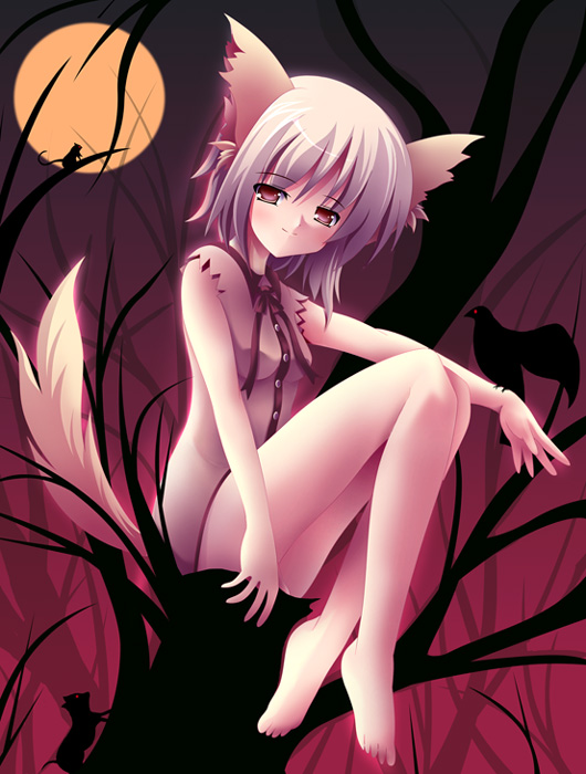 1girl animal_ears barefoot bottomless dog_ears foxgirl hentai moon short_hair silhouette solo tail yamamoto_nori
