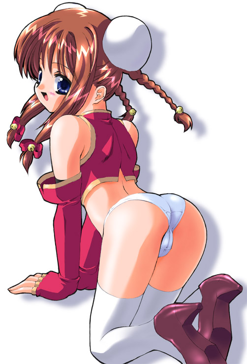 1girl all_fours arched_back ass blue_eyes braid brown_hair bun_cover cameltoe copyright_request detached_sleeves double_bun hair_ribbon hentai looking_back marcy_dog midriff panties ribbon solo thighhighs trefoil underwear white_legwear white_thighhighs