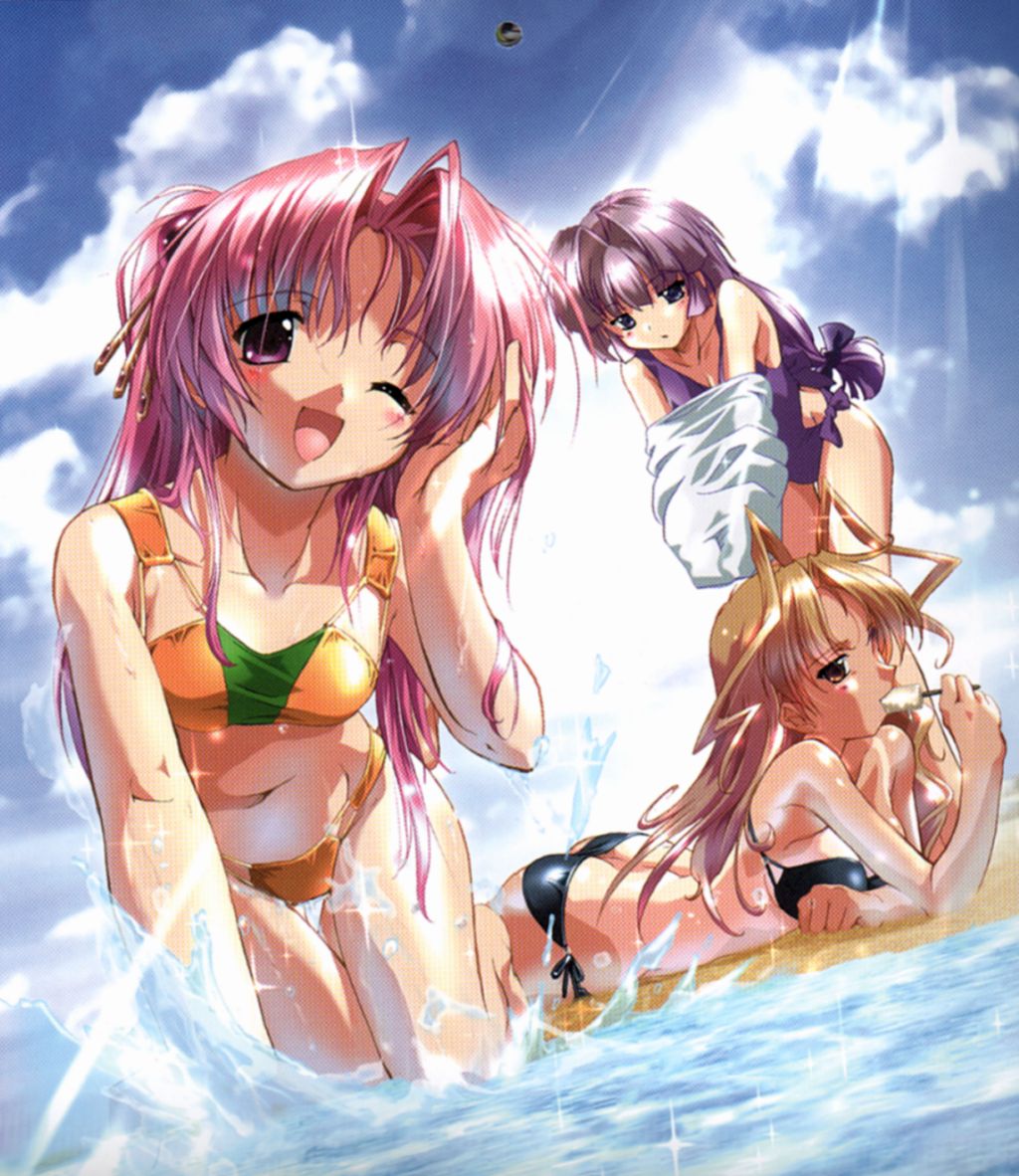 butt_crack group hentai kamishiro_rin kazetsubaki_kuriko komatsu_e-ji komatsu_eiji maburaho miyama_yuuna mizugi popsicle sea side-tie_bikini swimsuit water