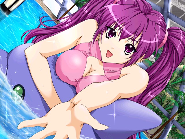 1girl breasts cleavage cleavage_cutout dutch_angle game_cg hands hentai lugosi_ela outstretched_arm outstretched_hand pool purple_eyes purple_hair reaching solo soyokaze_no_uta_~breeze_passed_us_by~ swimsuit twintails water yotsuya_misaki