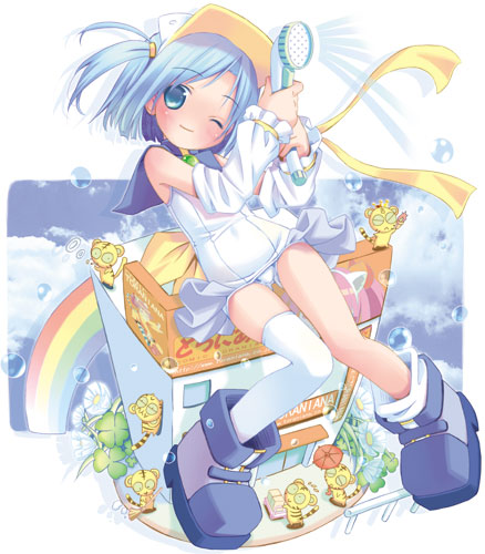1girl asymmetrical_clothes asymmetrical_clothing blue_eyes blue_hair bubble detached_sleeves emw hentai inkchan knees_together_feet_apart lowres moetan one-piece_swimsuit one_eye_closed one_side_up one_thighhigh pastel_ink pop rainbow rainbow_pattern school_swimsuit short_hair single_thighhigh solo swimsuit thighhighs visor visor_cap white_school_swimsuit white_swimsuit wink
