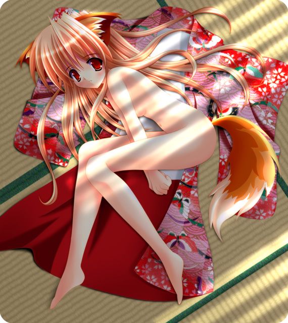 animal_humanoid asian_clothing bird's-eye_view blonde_hair breasts canid canid_humanoid canine canine_humanoid clothing covering covering_self east_asian_clothing female fox fox_humanoid hair high-angle_view humanoid japanese_clothing light long_hair looking_at_viewer mammal mammal_humanoid nude original original_character red_eyes solo sunlight tatami unknown_artist