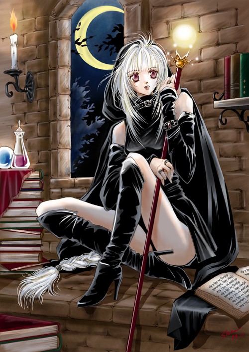 1999 1girl 90s black_boots black_dress book boots bottle braid buckle candle cape crescent_moon detached_sleeves dress hentai high_heel_boots high_heels hood indoors jewelry knee_boots long_hair moon night open_book original parted_lips red_eyes ring shiina_satsuki short_dress signature single_braid sitting staff very_long_hair white_hair window witch