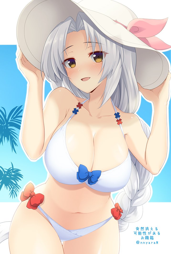 1girl bangs bikini blue_background blue_bow blush bow braid breasts brown_eyes cleavage halterneck hands_on_headwear hands_up hat hat_ribbon large_breasts long_braid long_hair looking_at_viewer navel open_mouth palm_tree pink_ribbon red_bow ribbon sidelocks silver_hair smile stomach sun_hat swimsuit thighs touhou tree very_long_hair white_background white_bikini yagokoro_eirin