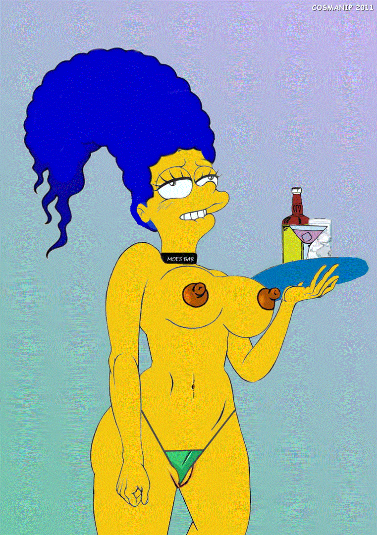 blue_hair breasts cameltoe cosmic cosmic_(artist) erect_nipples marge_simpson nipples the_simpsons thong waitress yellow_skin