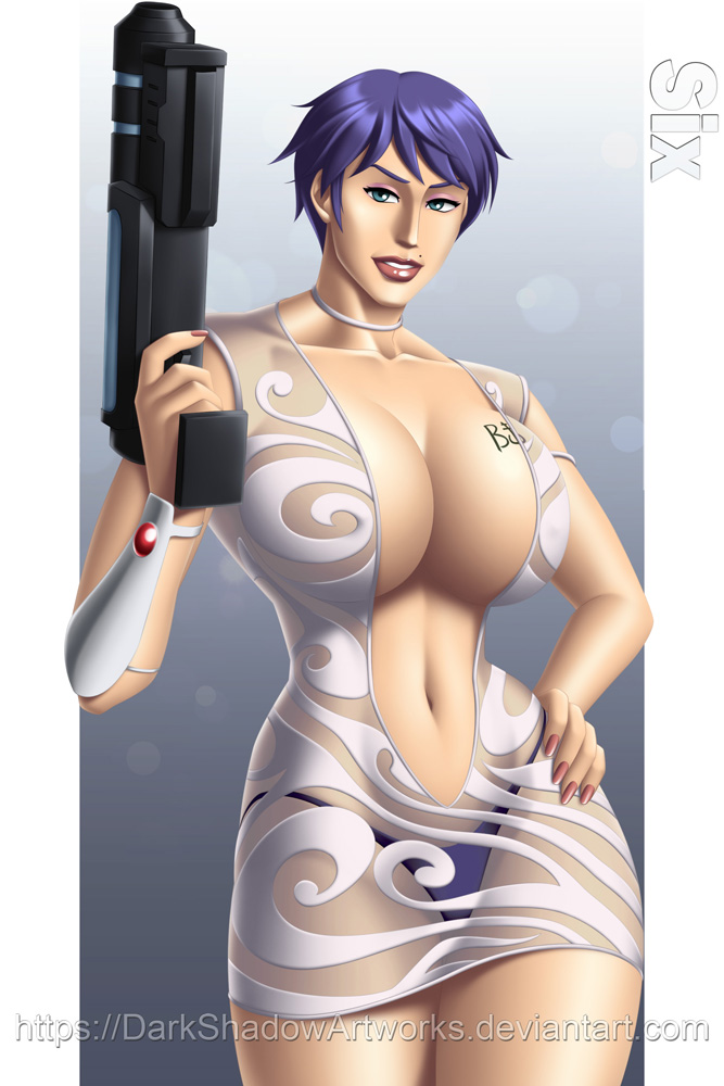 1girl beauty_mark blue_eyes blue_hair blue_panties breasts cleavage darkshadow777 dress gun hand_on_hip holding huge_breasts lips looking_at_viewer mole_above_mouth nails navel painted_nails panties revealing_clothes see-through short_hair six_(tripping_the_rift) smile tattoo thighs tripping_the_rift weapon