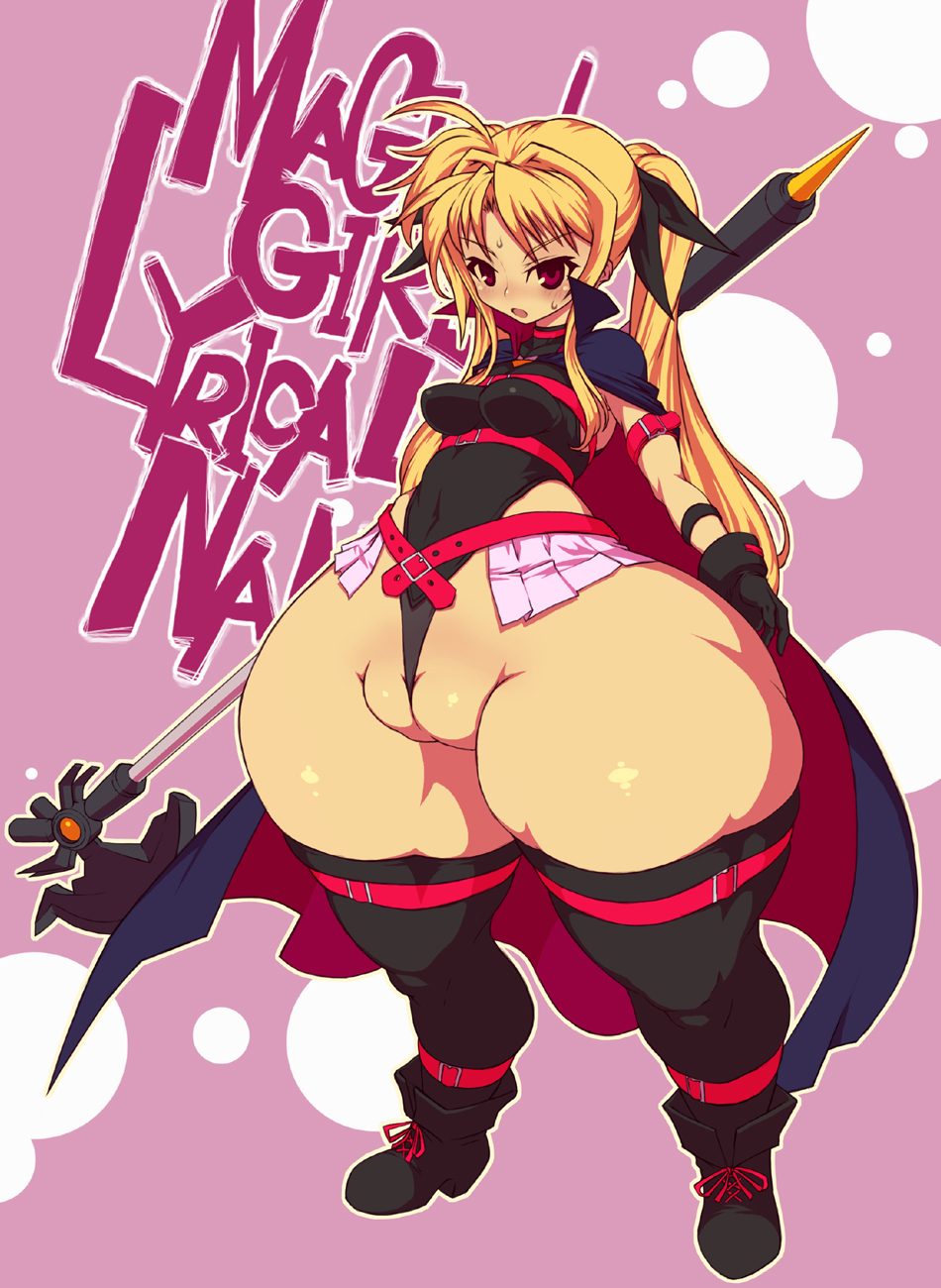 bad_proportions cameltoe fat_mons fate_testarossa h_hiroma high_res highres hips lyrical_nanoha mahou_shoujo_lyrical_nanoha mahou_shoujo_lyrical_nanoha_a's maou11 purple_background red_eyes thick_thighs thighs tsukiyotake wide_hips
