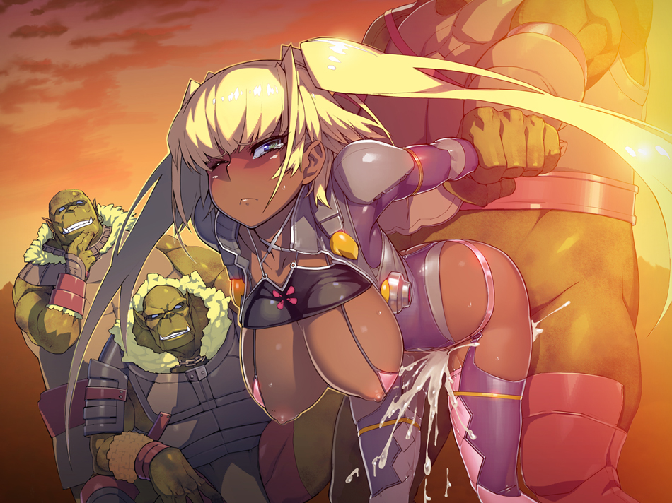 1girl 4:3_aspect_ratio arm_grab ass blonde_hair blue_eyes breasts cleavage color dark_skin erect_nipples erect_nipples_under_clothes extreme_content female huge_breasts lilith-soft looking_at_viewer nakadashi namaniku_atk nipples orc orc_(tamanin) restrained semen sex taimanin_(series) taimanin_asagi_battle_arena tears thighhighs tied_hair twintails violation yomi_akitsu