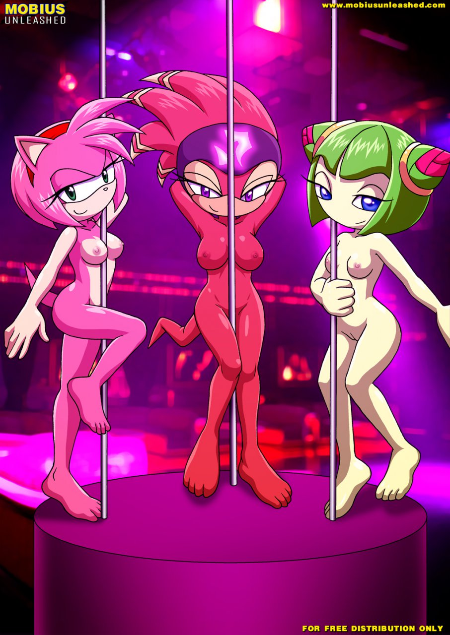 3girls amy_rose bbmbbf blue_eyes breasts cosmo_the_seedrian dancing green_eyes green_hair looking_at_viewer mobius_unleashed nipples palcomix pink_hair pole purple_eyes sega shade_the_echidna short_hair sonic_(series) sonic_the_hedgehog_(series) stripper when_the_guys_are_away
