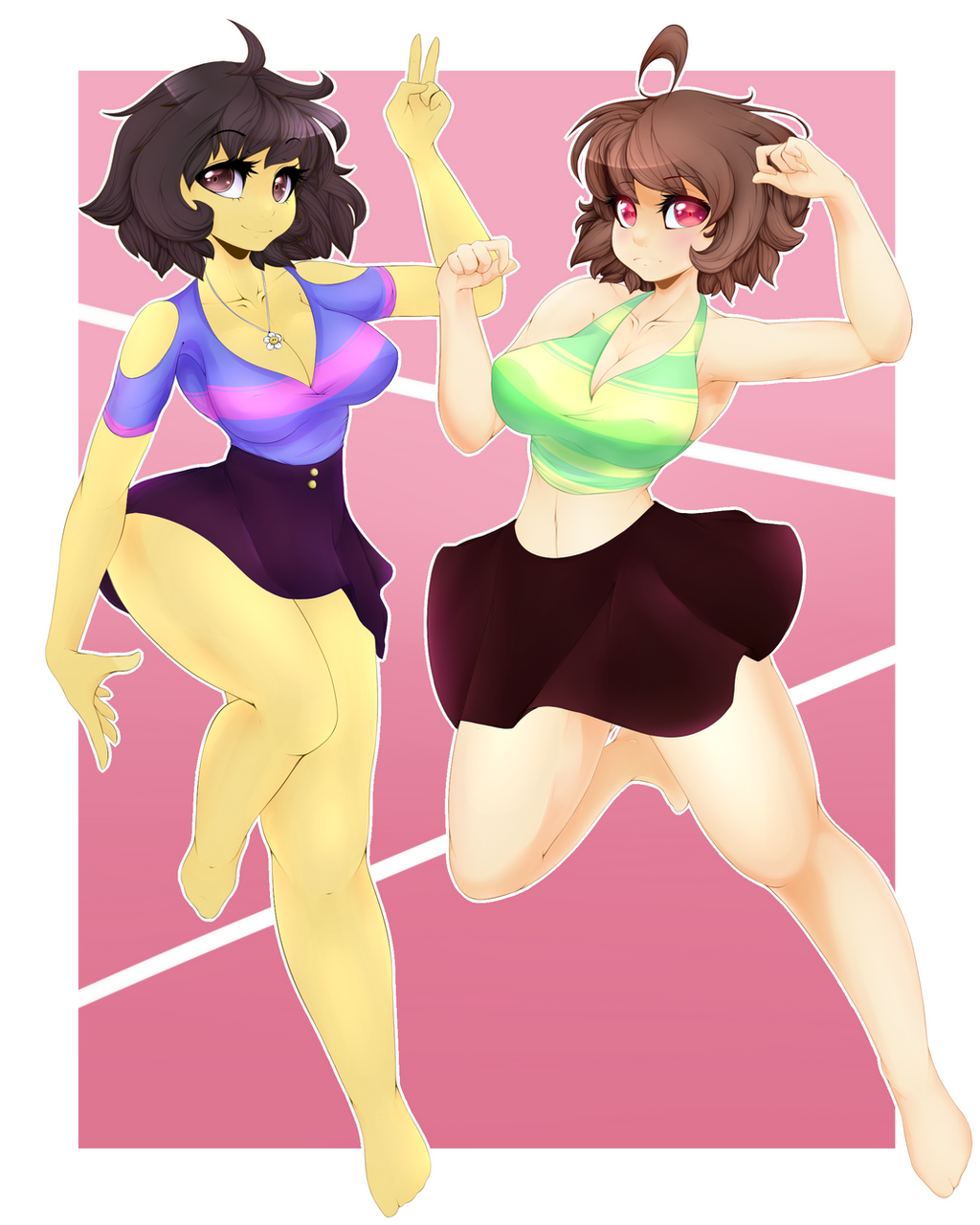 2010s 2017 2_girls 2d 5_fingers ahoge ayloulou bare_legs bare_shoulders barefoot breasts brown_eyes brown_hair chara chara_(undertale) clothed clothed_female clothing curvaceous curvy digital_media_(artwork) duo female_chara female_frisk female_human female_only flower_necklace frisk frisk_(undertale) hourglass_figure human human_only light-skinned_female light_skin midriff necklace red_eyes short_hair short_skirt skirt smiling striped_clothing thighs transparent_background undertale undertale_(series) v v_sign video_games
