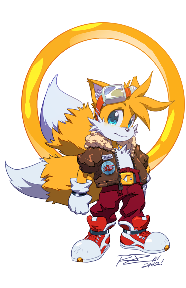 1boy 2012 animal_ears belt blonde_hair blue_eyes character_name clenched_hand dated furry gloves goggles goggles_on_head jacket jewelry looking_at_viewer male male_focus miles_"tails"_prower multiple_tails parody rat_rage ring robert_porter sega signature smile solo sonic sonic_(series) standing style_parody tail