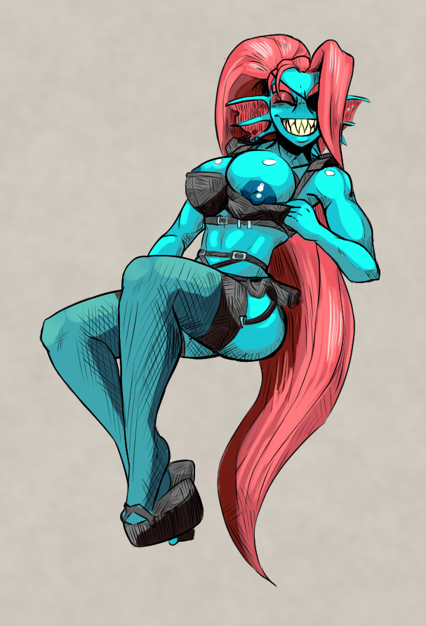 anthro anthro_only closed_eyes eyepatch female female_anthro female_only fish fish_girl flashing_breasts flashing_nipple furry latchk3y long_hair monster monster_girl nipples red_hair sharp_teeth simple_background solid_color_background thighhighs undertale undertale_(series) undyne very_long_hair video_games