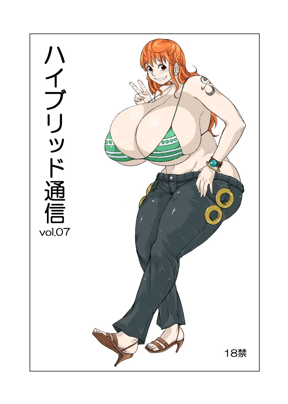 1girl bikini breasts cleavage earrings gigantic_breasts high_heels high_res highres hybrid555 hybrid_jimushitsu jewelry long_hair muronaga_chaashuu nami one_piece orange_hair plump sabaody_archipelago shoes simple_background smile solo swimsuit tattoo thick_thighs thighs white_background