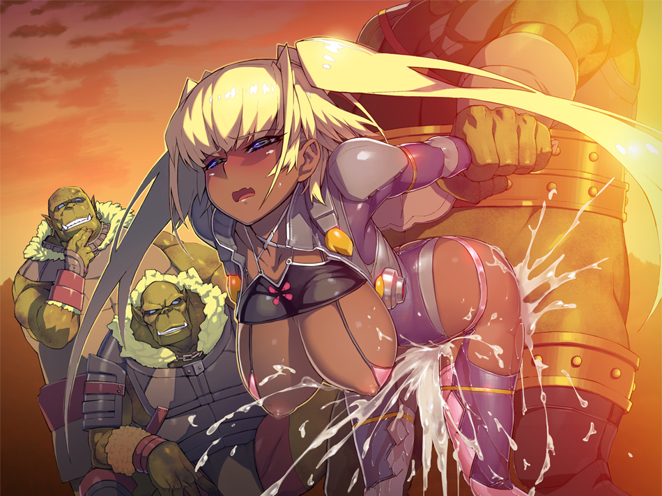 1girl 4:3_aspect_ratio arm_grab ass blonde_hair blue_eyes breasts cleavage color dark_skin erect_nipples erect_nipples_under_clothes extreme_content female huge_breasts lilith-soft looking_at_viewer nakadashi namaniku_atk nipples orc orc_(tamanin) restrained semen sex taimanin_(series) taimanin_asagi_battle_arena tears thighhighs tied_hair twintails violation yomi_akitsu