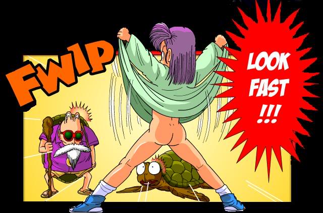bottomless bulma_briefs dragon_ball embarrassing expose master_roshi ponytail purple_hair short_hair surprise
