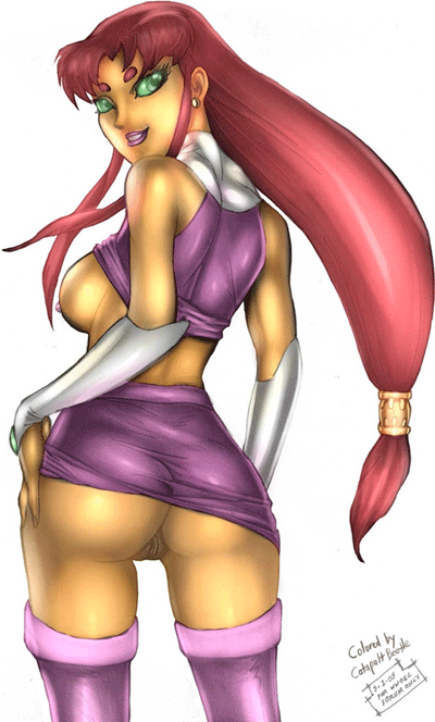 ass ass_shake behind breasts catapult_beetle clothes dc_comics from_behind gif green_eyes koriand'r long_hair olive_skin orange_skin purple pussy red_hair sideboob skirt_lift smile starfire teen_titans thighhighs upskirt