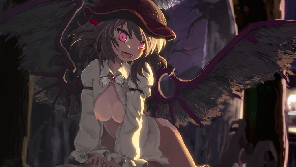 1girl animal_ears armband bad_id bent_over blush bottomless breasts brown_hair dress_shirt drooling fangs female forest hat head_tilt kinohanaomise large_wings long_sleeves mystia_lorelei naked_shirt nature night nipples no_bra open_clothes open_mouth open_shirt pink_eyes saliva shirt short_hair smile solo su_(pixiv) sunrise touhou tree wings