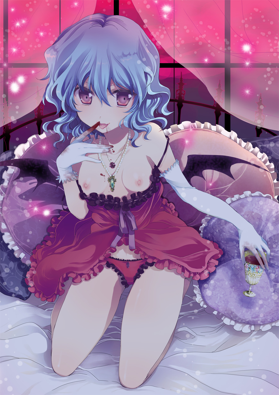 1girl babydoll bad_id bare_shoulders bat_wings blood blue_hair breasts breasts_outside cushion elbow_gloves fang female finger_licking flat_chest glass gloves high_res highres jewelry kneel kneeling lace licking lingerie nakayama_miyuki necklace nimame panties pearl_necklace pillow red_eyes remilia_scarlet short_hair single_elbow_glove single_glove small_breasts smile solo strap_slip tongue touhou underwear white_gloves window wings