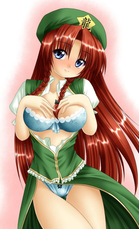 1girl beret blue_bra blue_eyes blue_panties bra braid breasts chitose_(pixiv) dress female hat hong_meiling kagura_chitose large_breasts lingerie long_hair open_clothes open_dress open_shirt panties red_hair shirt smile solo the_embodiment_of_scarlet_devil touhou twin_braids underwear very_long_hair