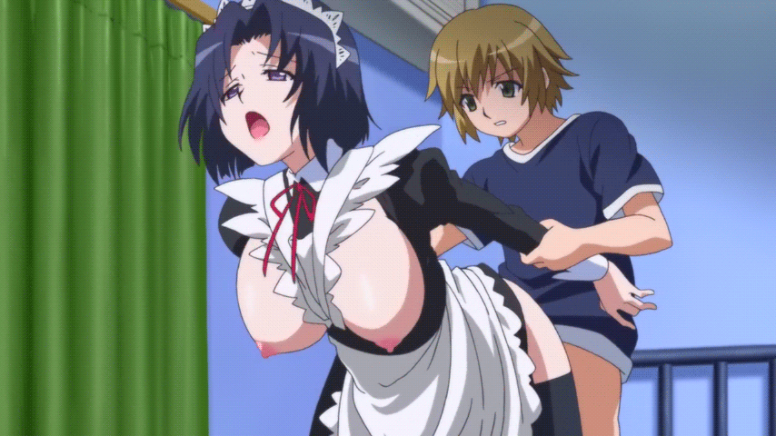 1boy 1girl animated animated_gif arm_grab arm_hold arms_held_back bent_over black_legwear blue_hair bouncing_breasts breasts breasts_out_of_clothes breasts_outside chiyo chiyo_(swing_out_sisters) clothed_sex curtains doggy_position dress dress_lift exposed_breasts female from_behind gif incest indoors large_breasts maid maid_headdress maid_uniform male male/female moaning nipples open_mouth purple_eyes sex short_hair standing swing_out_sisters taken_from_behind thighhighs vaginal yuuta