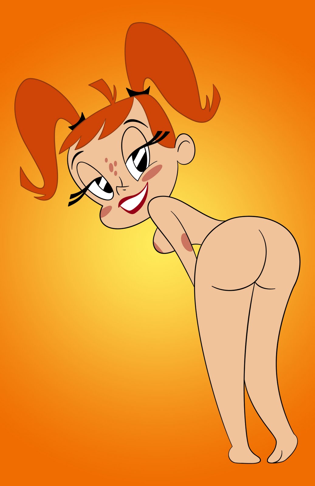 1girl ass bent_over black_eyes breasts coonfoot exo-suit female_only freckles jenny_wakeman lipstick looking_at_viewer looking_back mooning my_life_as_a_teenage_robot nipples nude orange_hair red_lipstick smile solo solo_female twin_tails