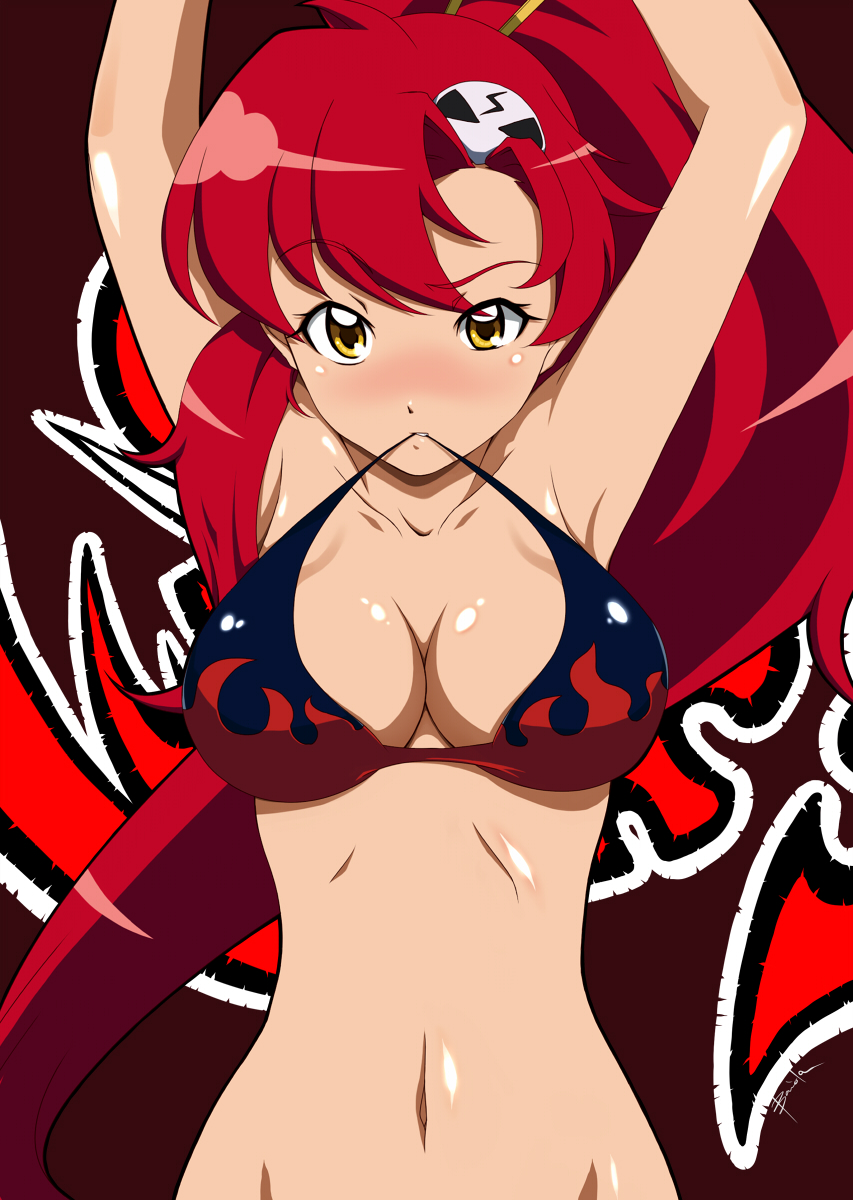1girl armpits arms_up baiola big_breasts bikini_top blush bottomless breasts brown_eyes cleavage female female_only high_res highres large_breasts long_hair mouth_hold red_hair redhead solo tengen_toppa_gurren_lagann yellow_eyes yoko_littner