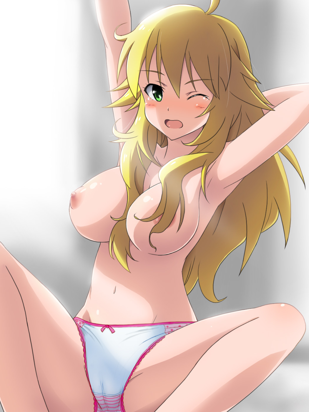 1girl armpits arms_up big_breasts blonde_hair blush bow_panties breasts cameltoe face green_eyes hair_over_breasts high_res highres hoshii_miki idolmaster large_breasts mameshiba miki_hoshii navel nipples one_eye_closed open_mouth panties panties_only polka_dot polka_dot_panties sleepy solo spread_legs striped striped_panties tears topless underwear underwear_only white_panties wink