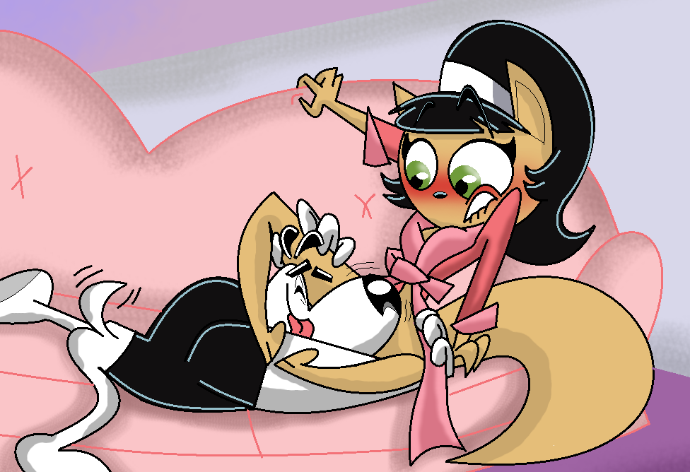 anthro black_hair blush bottomless cat dog dudley_puppy funny furry hairband kitty_katswell long_hair smile surprise t.u.f.f._puppy
