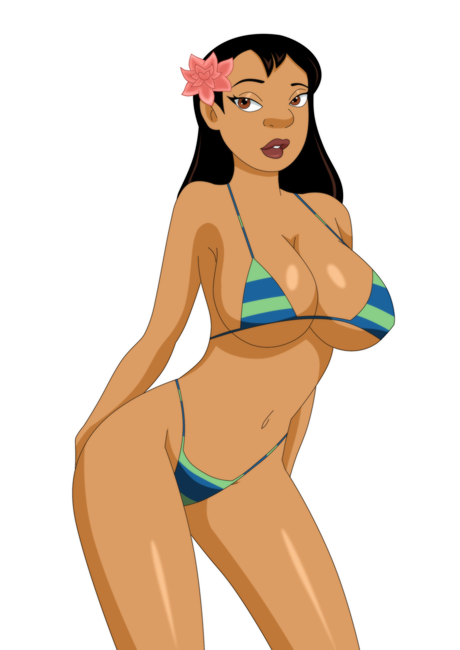 1girl adult big_breasts bikini bikini_bottom bikini_top black_hair breasts brown_eyes brown_skin cleavage clothed clothed_female clothes clothing color colored dark-skinned_female dark_hair dark_skin disney female female_human female_only flower flower_in_hair hair human human_only lilo_and_stitch lipstick long_hair looking_at_viewer makeup midriff nani_pelekai navel non-nude not_furry pervyangel shiny shiny_skin solo solo_female standing swimsuit transparent_background