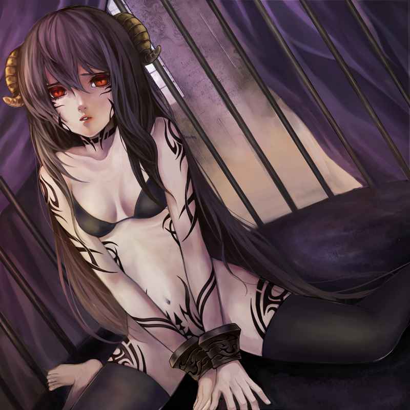 1girl bad_id bottomless bracelet brown_hair cage demon_girl horns jewelry long_hair navel original original_character rabbit19 red_eyes solo stockings succubus tattoo thighhighs