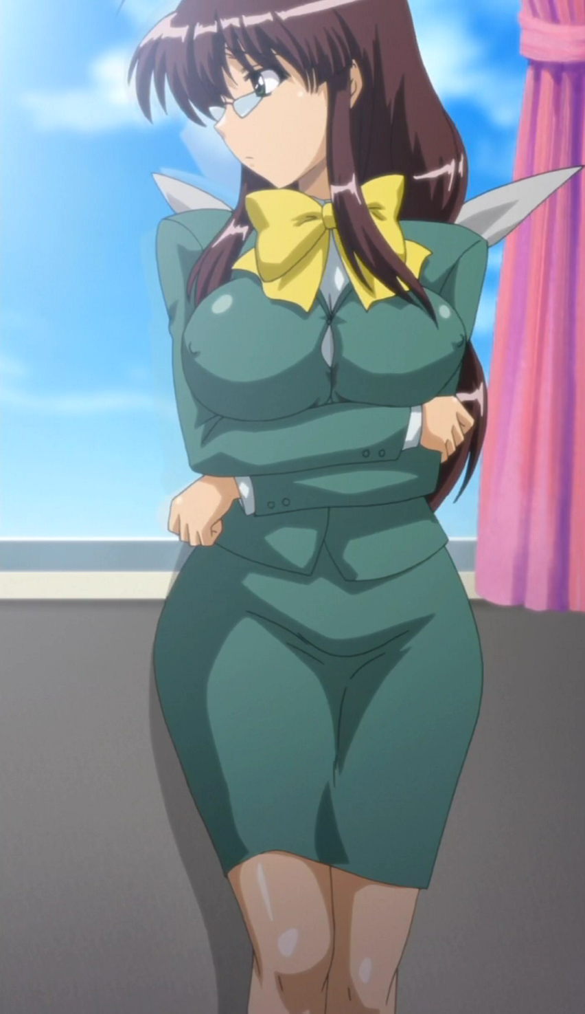 1girl alignment_you!_you! alignment_you!_you!_the_animation anime arms_crossed bow breasts brown_hair erect_nipples female_teacher formal glasses green_eyes green_suit hentai large_breasts legs looking_to_the_side maruyama_yuuko megane nipple_bulge pencil_skirt screencap sidelocks skirt_suit teacher thighs tights wide_hips yellow_bow