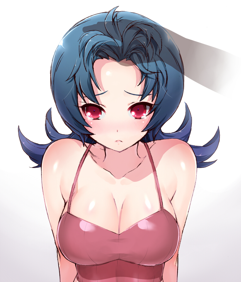 1girl akira_(natsumemo) bangs bare_shoulders big_breasts black_hair blue_hair breasts bust camisole cleavage collarbone flipped_hair forehead gym_leader large_breasts looking_at_viewer natsume_(pokemon) natsume_(pokemon)_(hgss) petting pokemon pokemon_(game) pokemon_gsc pokemon_hgss pov pov_eye_contact red_eyes solo solo_focus tears upper_body