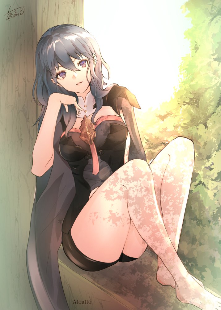 1_girl 1girl barefoot black_cape black_shorts blue_eyes blue_hair byleth_(fire_emblem)_(female) cape clothed feet fire_emblem fire_emblem:_fuukasetsugetsu fire_emblem:_three_houses knees_up looking_at_viewer medium_hair nintendo shorts signature sitting toes