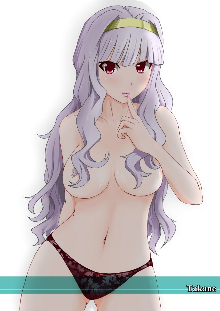1girl areolae bangs blunt_bangs blush breasts breasts_apart butterfly_print censored convenient_censoring finger_to_mouth hair_over_breasts hairband idolmaster jousanrou long_hair nail_polish navel panties panties_only red_eyes shijou_takane silver_hair solo takane_shijou topless underwear underwear_only