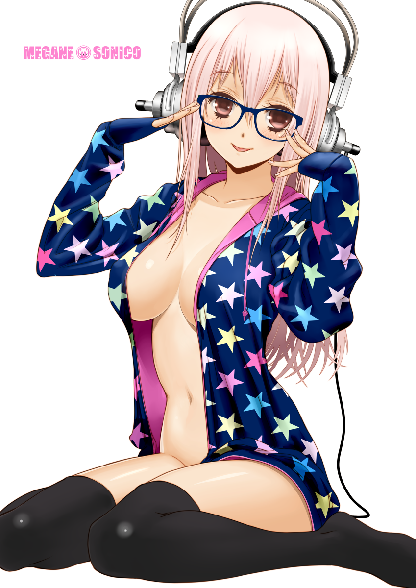 1girl :p bespectacled big_breasts blush breasts breasts_apart cleavage glasses headphones high_res highres large_breasts long_hair naitou_kuro navel nitroplus no_bra no_panties open_clothes open_shirt pink_eyes pink_hair red_eyes shiny shiny_skin shirt sitting solo sonico soniko star_print stockings super_sonico thighhighs tongue tongue_out wariza