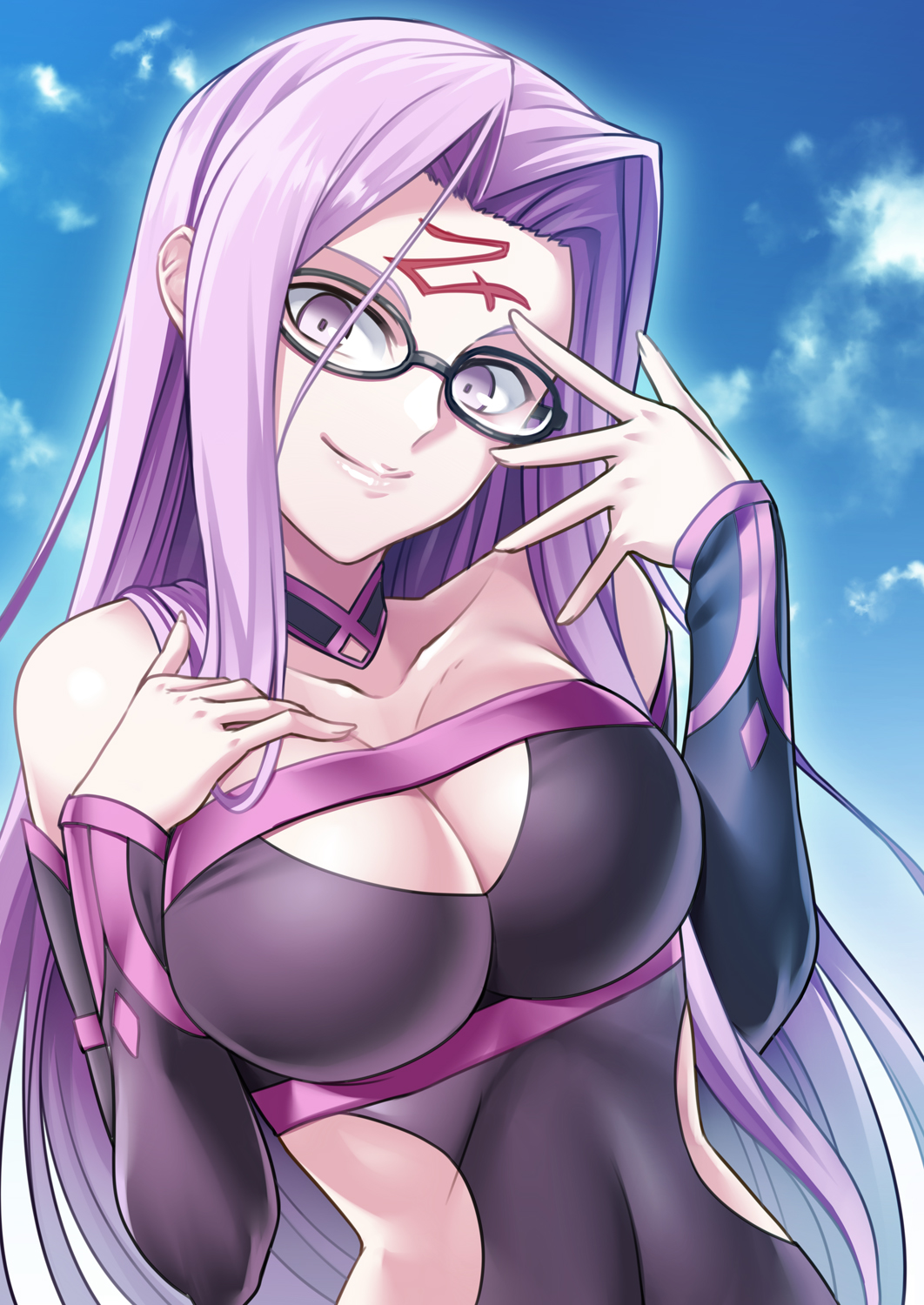 1girl black_dress blue_sky breasts cleavage cleavage_cutout clouds detached_sleeves dress facial_mark fate/grand_order fate_(series) forehead_mark glasses large_breasts long_hair looking_at_viewer purple_eyes purple_hair rider sidelocks sky smile very_long_hair