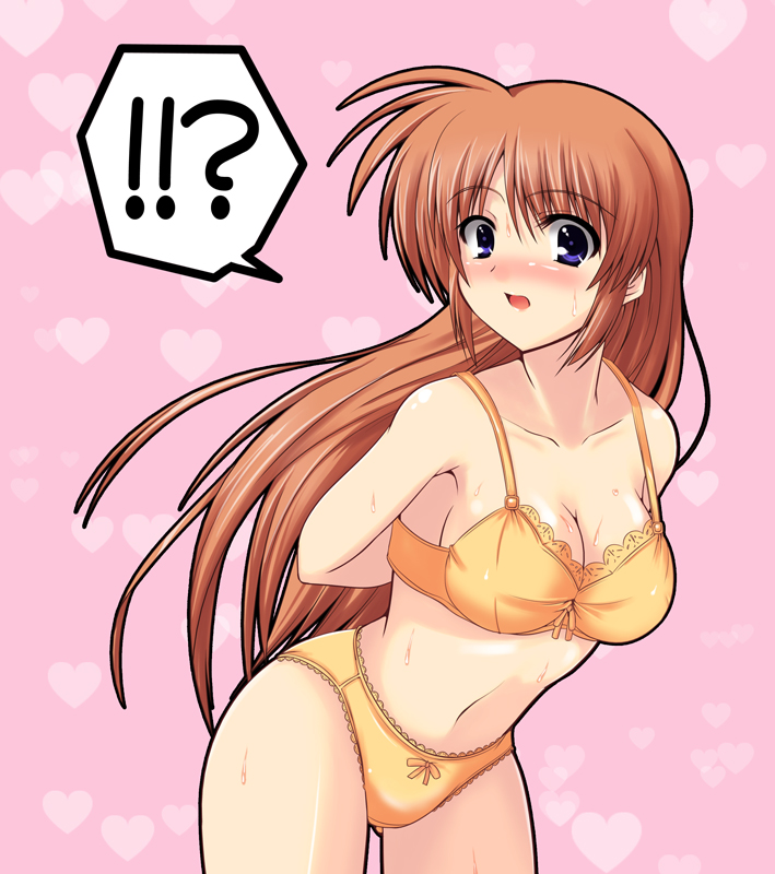 !? 1girl arms_behind_back blue_eyes blush bow bow_panties bra breasts brown_hair cleavage heart johnny_(artist) johnny_(from_scratch) lace lace-trimmed_panties leaning_forward lingerie long_hair lyrical_nanoha mahou_shoujo_lyrical_nanoha mahou_shoujo_lyrical_nanoha_strikers open_mouth orange_bra orange_panties panties pink_background purple_eyes solo surprised sweat takamachi_nanoha underwear underwear_only very_long_hair yellow_panties